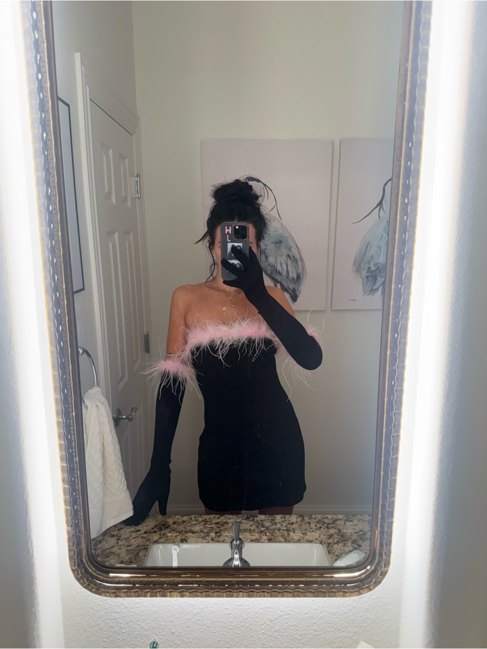 Strapless Black Mini Dress with Pink Feather Trim